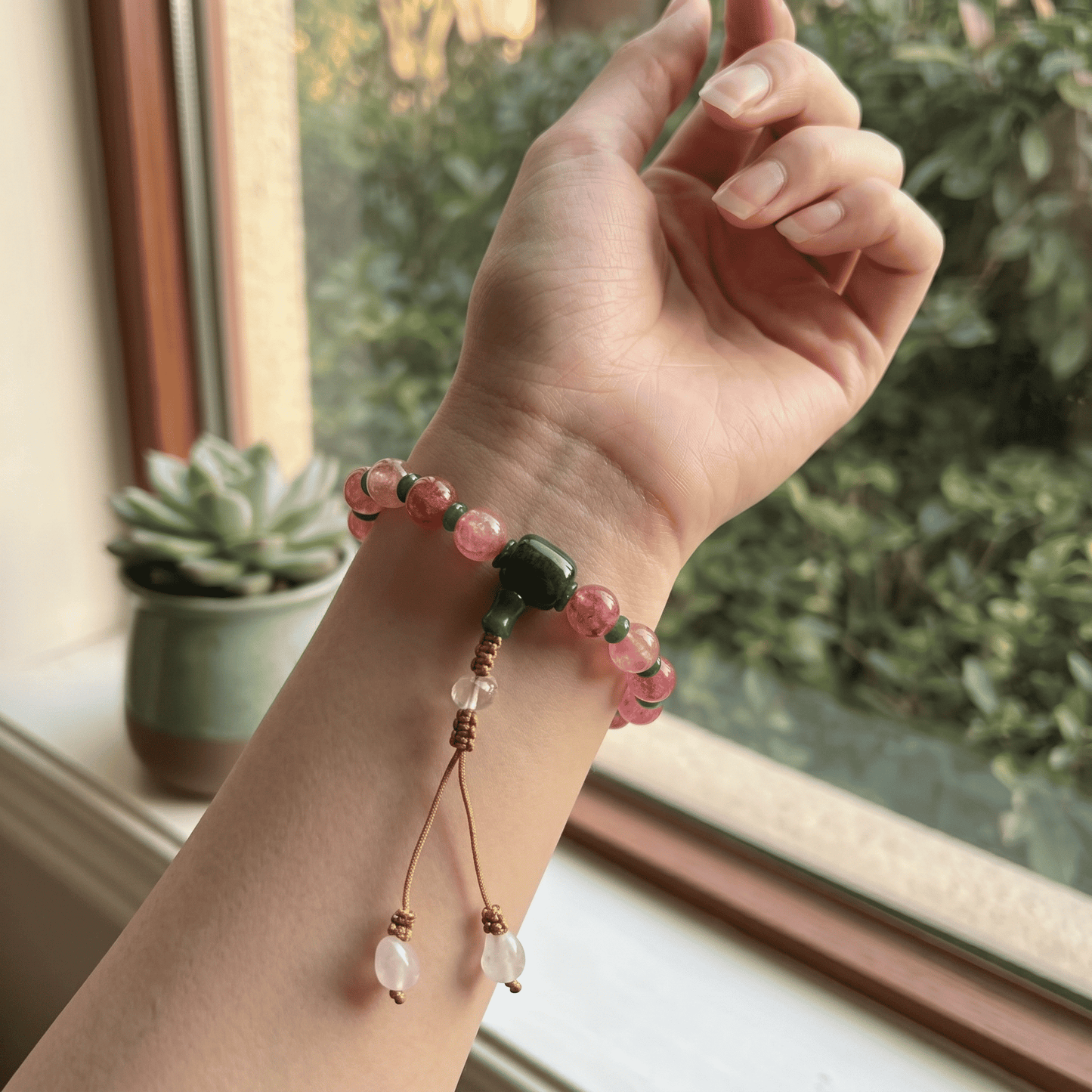 18-Bead Pink Chalcedony Bracelet | Temple-Inspired Design for Positive Energy & Romantic Charm - Blissette