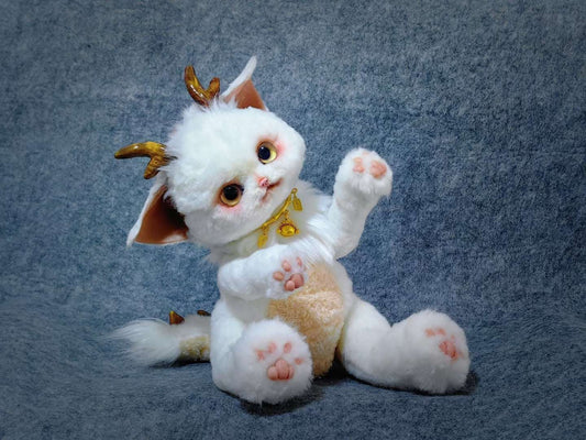 Handmade Gold Foil Glass Dragon Plush | Cute Little吞吞兽 (Xiao Long Ren) Stuffed Animal with Gold Horns & Lucky Bell - Collectible Furry Companion - undefined