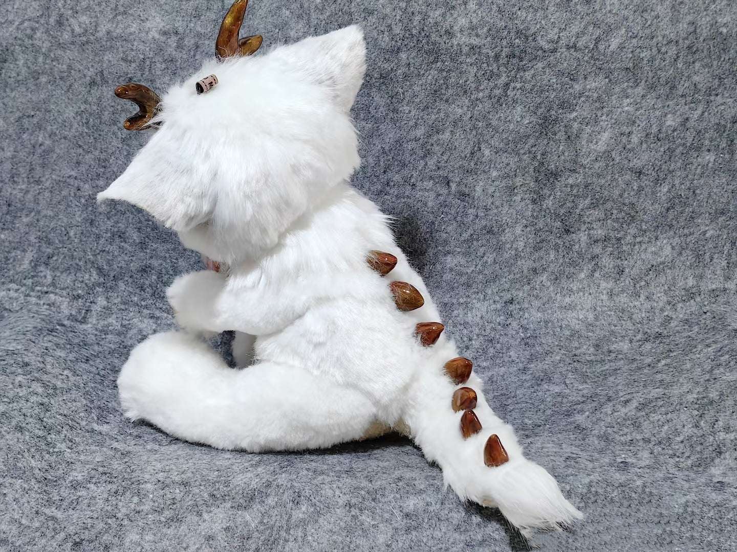 Handmade Gold Foil Glass Dragon Plush | Cute Little吞吞兽 (Xiao Long Ren) Stuffed Animal with Gold Horns & Lucky Bell - Collectible Furry Companion