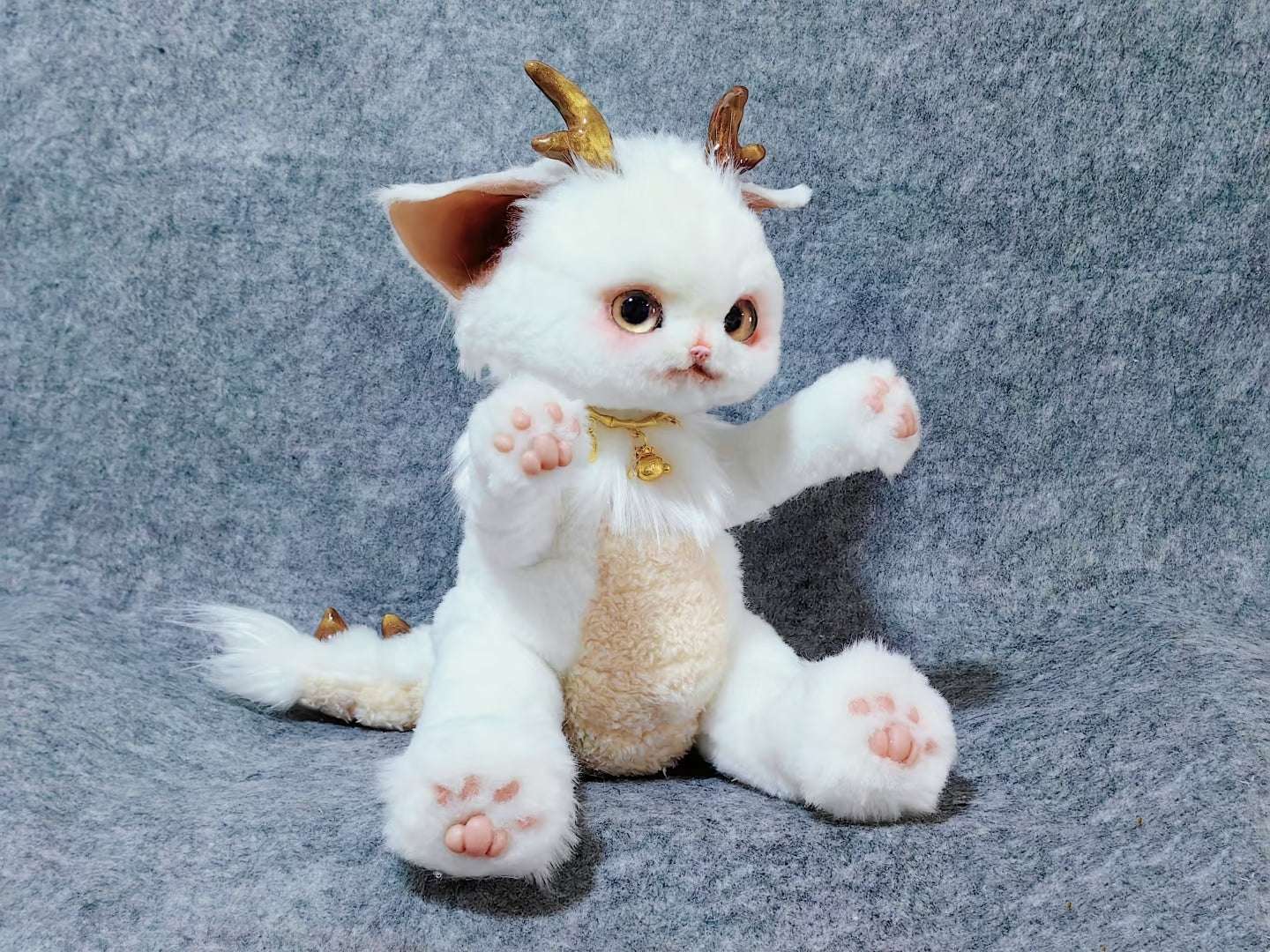 Handmade Gold Foil Glass Dragon Plush | Cute Little吞吞兽 (Xiao Long Ren) Stuffed Animal with Gold Horns & Lucky Bell - Collectible Furry Companion