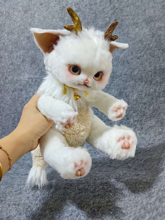 Handmade Gold Foil Glass Dragon Plush | Cute Little吞吞兽 (Xiao Long Ren) Stuffed Animal with Gold Horns & Lucky Bell - Collectible Furry Companion - undefined