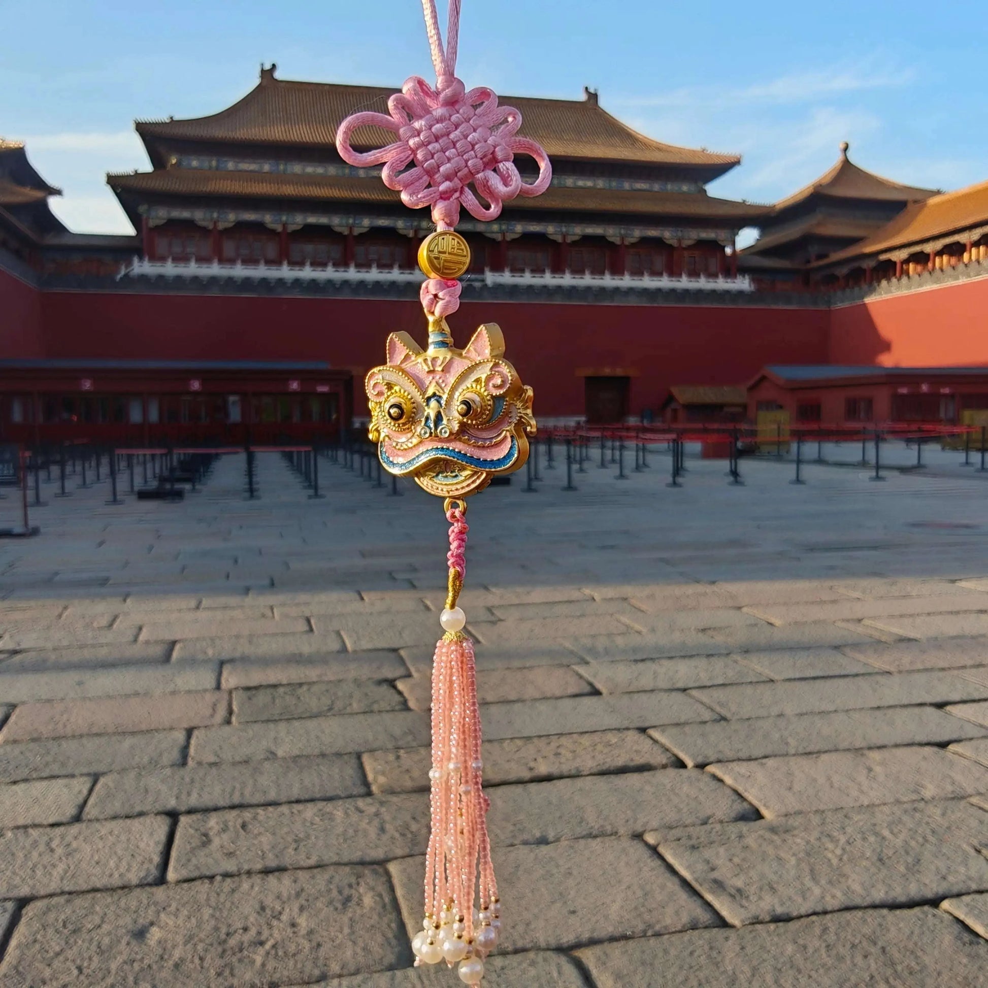Palace-Inspired Lion Dance Car Hanging Ornament | Traditional Folk Art for Positive Energy & Good Fortune (Pink/Red) - Blissette