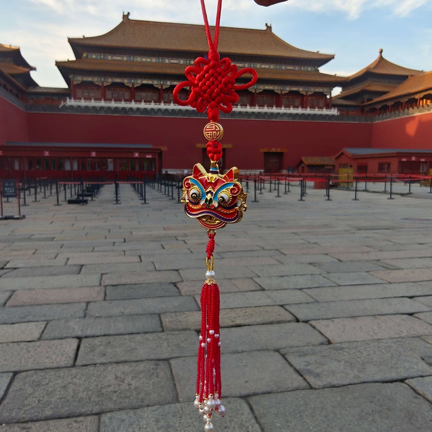 Palace-Inspired Lion Dance Car Hanging Ornament | Traditional Folk Art for Positive Energy & Good Fortune (Pink/Red) - Blissette