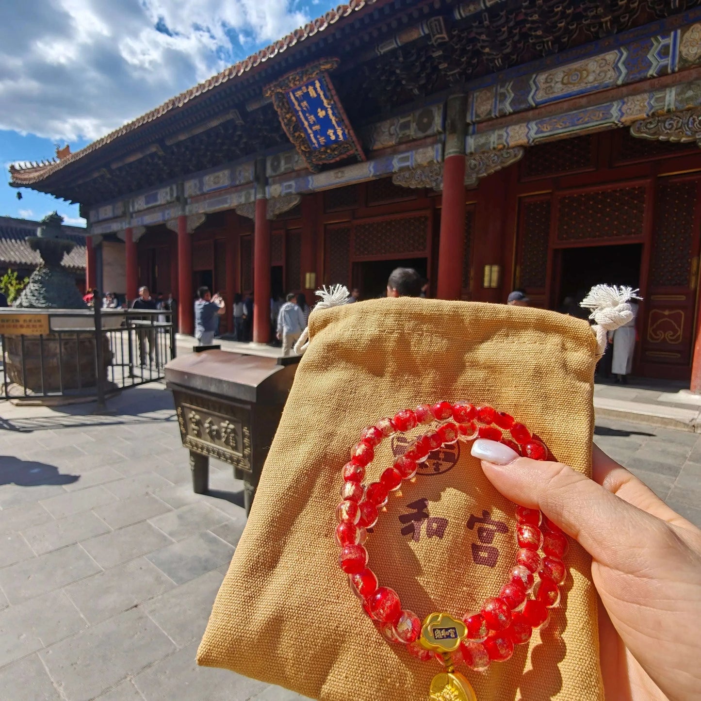 8.5mm Gold Foil Glass Double-Wrap Bracelet | Temple-Inspired for Calm & Positive Energy (Purple/Red) - Blissette