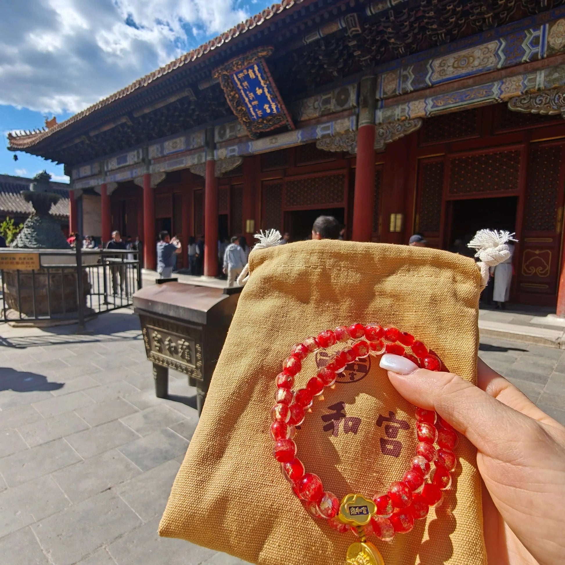 8.5mm Gold Foil Glass Double-Wrap Bracelet | Temple-Inspired for Calm & Positive Energy (Purple/Red) - Blissette
