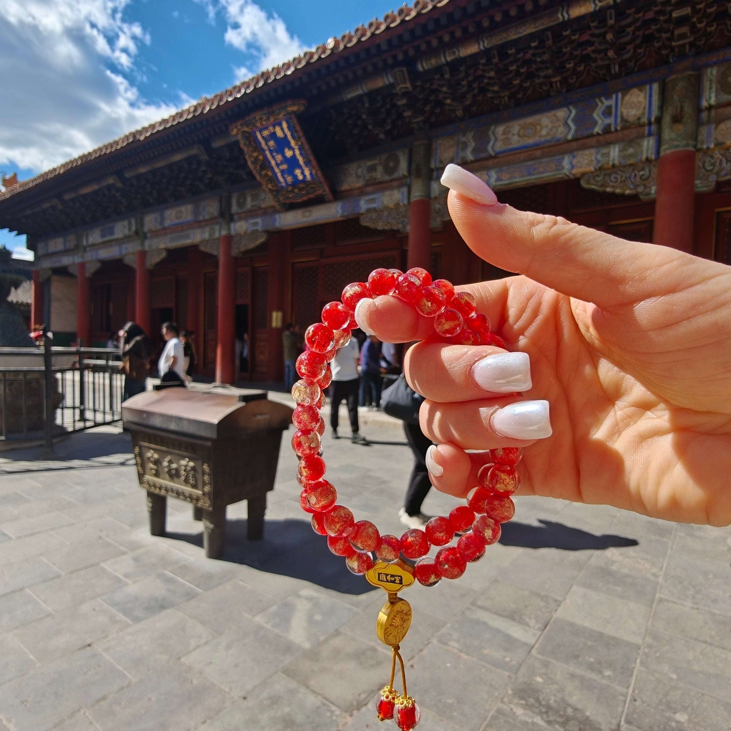 8.5mm Gold Foil Glass Double-Wrap Bracelet | Temple-Inspired for Calm & Positive Energy (Purple/Red) - Blissette