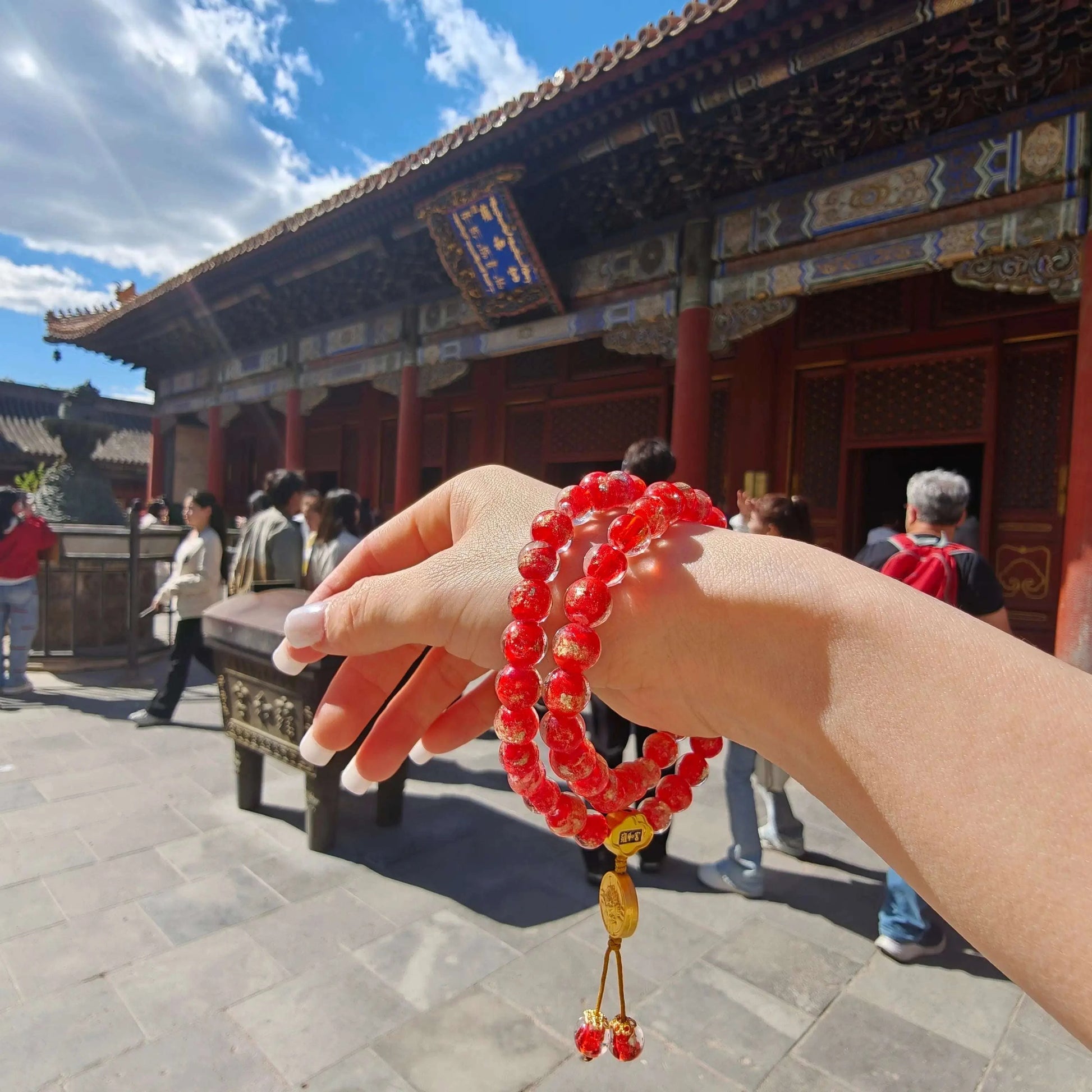 8.5mm Gold Foil Glass Double-Wrap Bracelet | Temple-Inspired for Calm & Positive Energy (Purple/Red) - Blissette