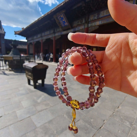 8.5mm Gold Foil Glass Double-Wrap Bracelet | Temple-Inspired for Calm & Positive Energy (Purple/Red) - Blissette