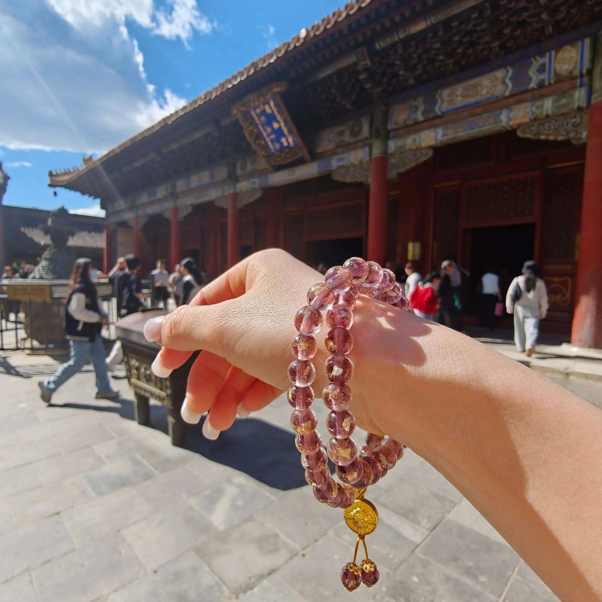 8.5mm Gold Foil Glass Double-Wrap Bracelet | Temple-Inspired for Calm & Positive Energy (Purple/Red) - Blissette