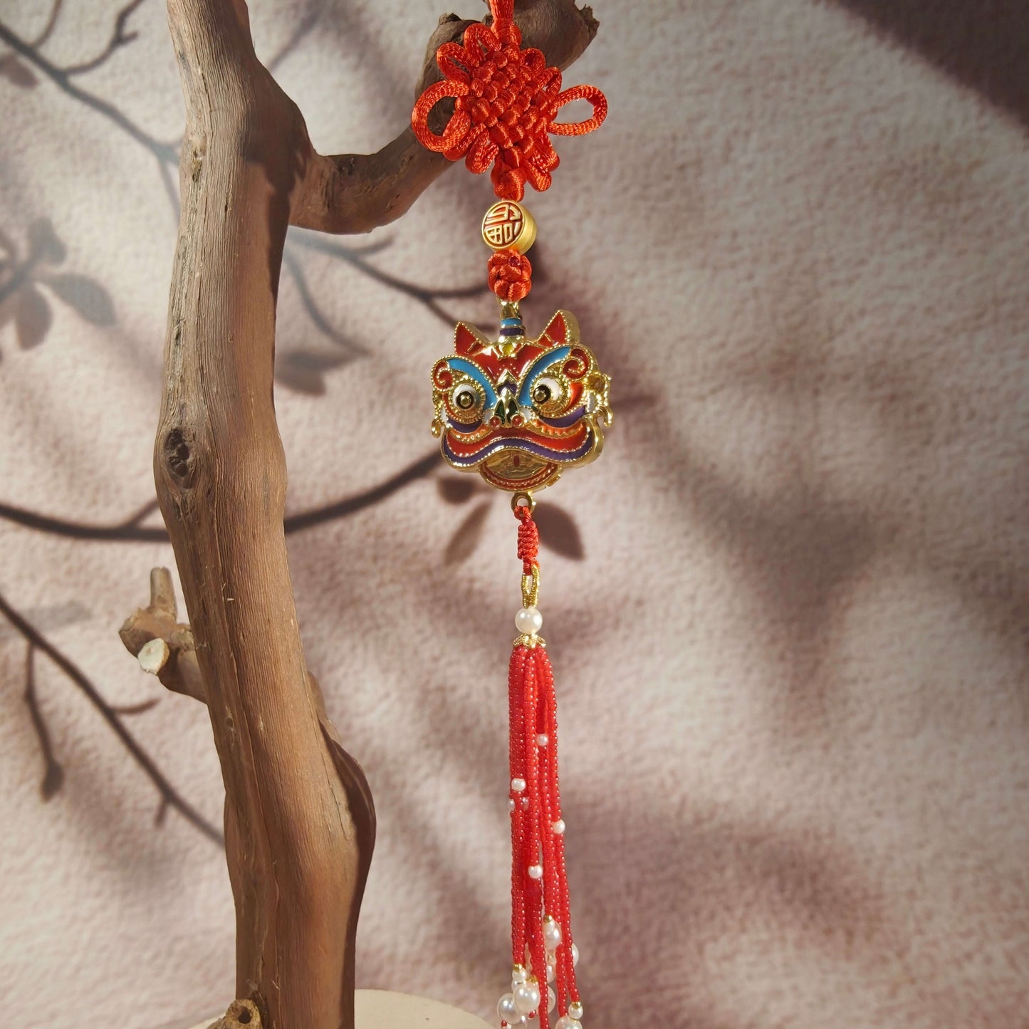 Palace-Inspired Lion Dance Car Hanging Ornament | Traditional Folk Art for Positive Energy & Good Fortune (Pink/Red) - Blissette