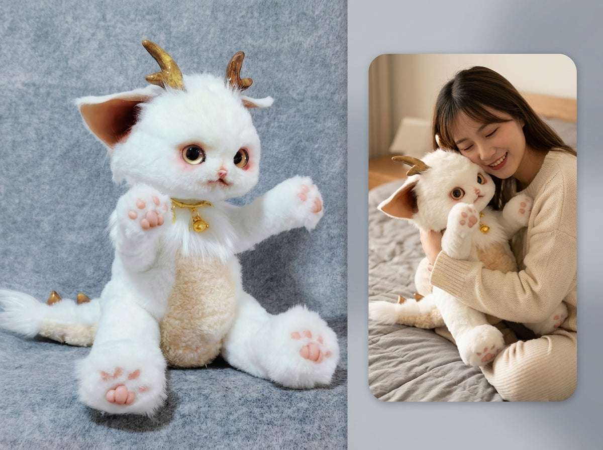 Handmade Gold Foil Glass Dragon Plush | Cute Little吞吞兽 (Xiao Long Ren) Stuffed Animal with Gold Horns & Lucky Bell - Collectible Furry Companion