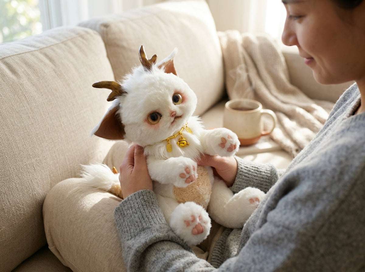 Handmade Gold Foil Glass Dragon Plush | Cute Little吞吞兽 (Xiao Long Ren) Stuffed Animal with Gold Horns & Lucky Bell - Collectible Furry Companion