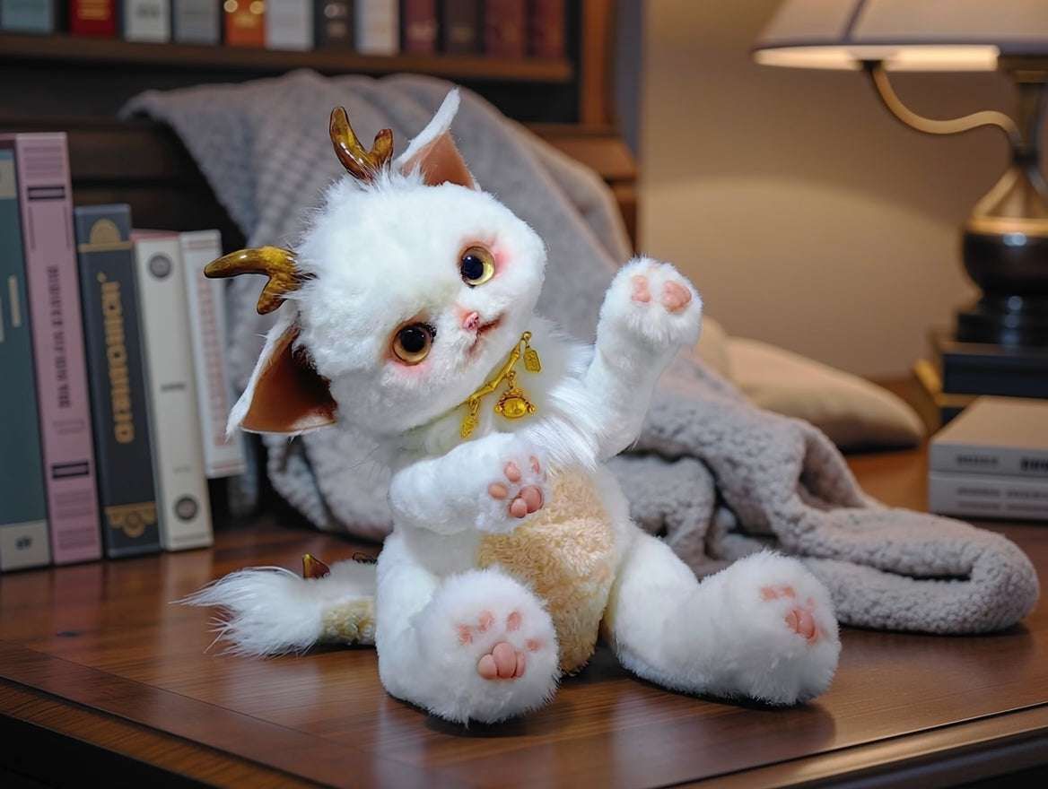 Handmade Gold Foil Glass Dragon Plush | Cute Little吞吞兽 (Xiao Long Ren) Stuffed Animal with Gold Horns & Lucky Bell - Collectible Furry Companion