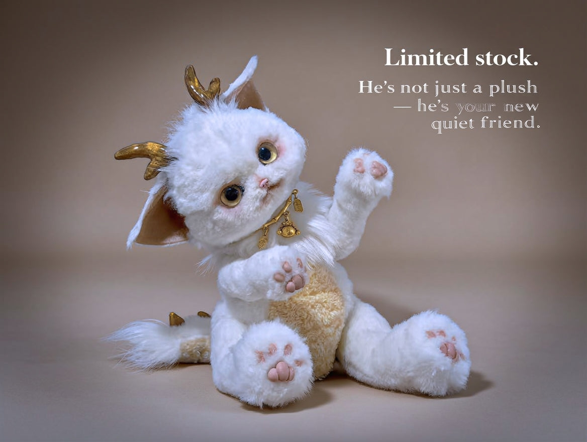 Handmade Gold Foil Glass Dragon Plush | Cute Little吞吞兽 (Xiao Long Ren) Stuffed Animal with Gold Horns & Lucky Bell - Collectible Furry Companion