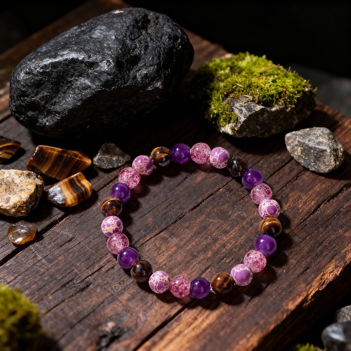 Natural Shoushan Stone & Tiger Eye Crystal Beaded Bracelet, Healing Natural Stone Stretch Bracelet for Daily Jewelry Gift