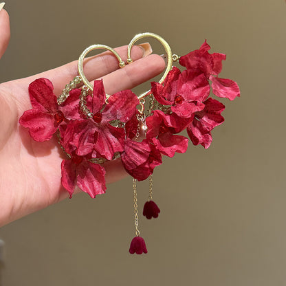 Rose Romance Vintage Red Flower Ear Cuffs, Non-Piercing Earrings, Bohemian Beach Vacation Photo Aesthetic Ear Jewelry