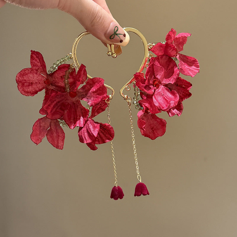 Rose Romance Vintage Red Flower Ear Cuffs, Non-Piercing Earrings, Bohemian Beach Vacation Photo Aesthetic Ear Jewelry