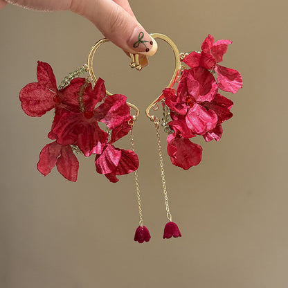 Rose Romance Vintage Red Flower Ear Cuffs, Non-Piercing Earrings, Bohemian Beach Vacation Photo Aesthetic Ear Jewelry