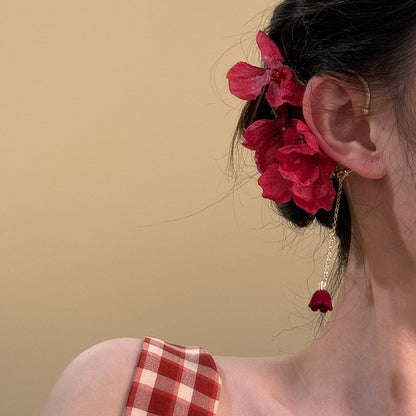 Rose Romance Vintage Red Flower Ear Cuffs, Non-Piercing Earrings, Bohemian Beach Vacation Photo Aesthetic Ear Jewelry