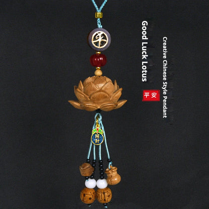 Blood Sandalwood Lotus Good Luck Car Hanging Ornament Chinese Blessing Mirror Pendant