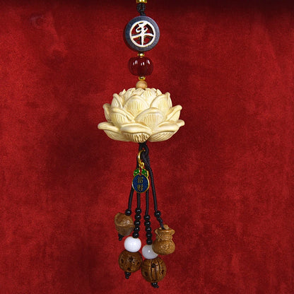 Blood Sandalwood Lotus Good Luck Car Hanging Ornament Chinese Blessing Mirror Pendant