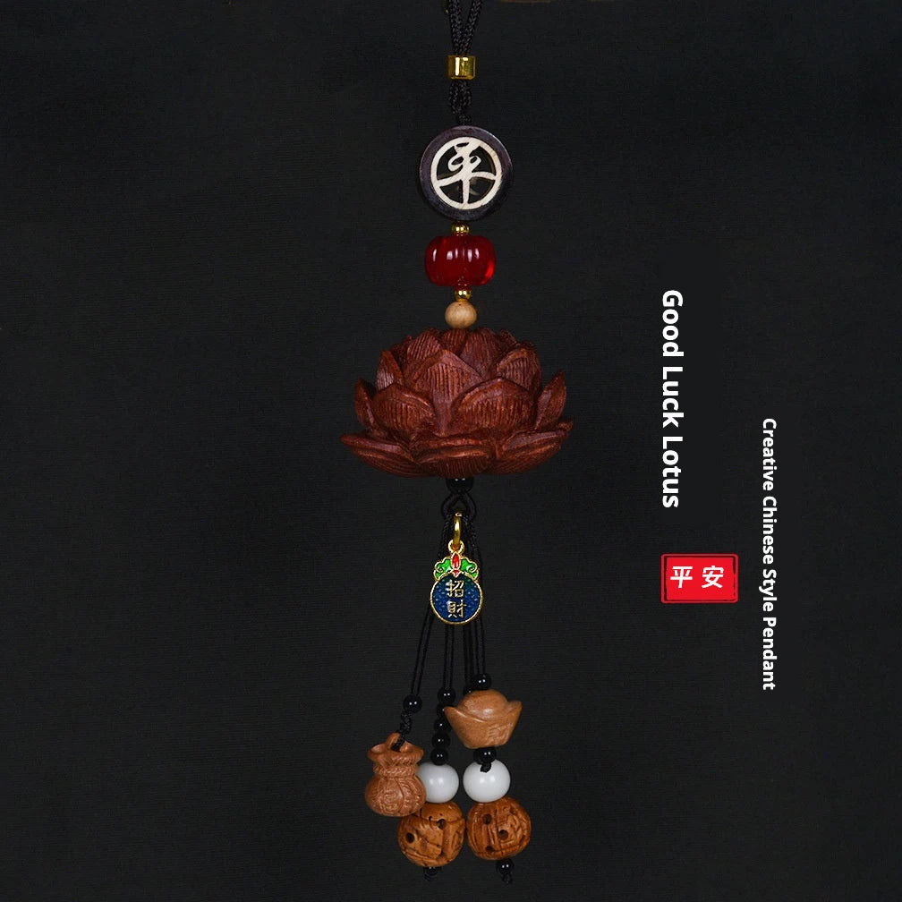 Blood Sandalwood Lotus Good Luck Car Hanging Ornament Chinese Blessing Mirror Pendant