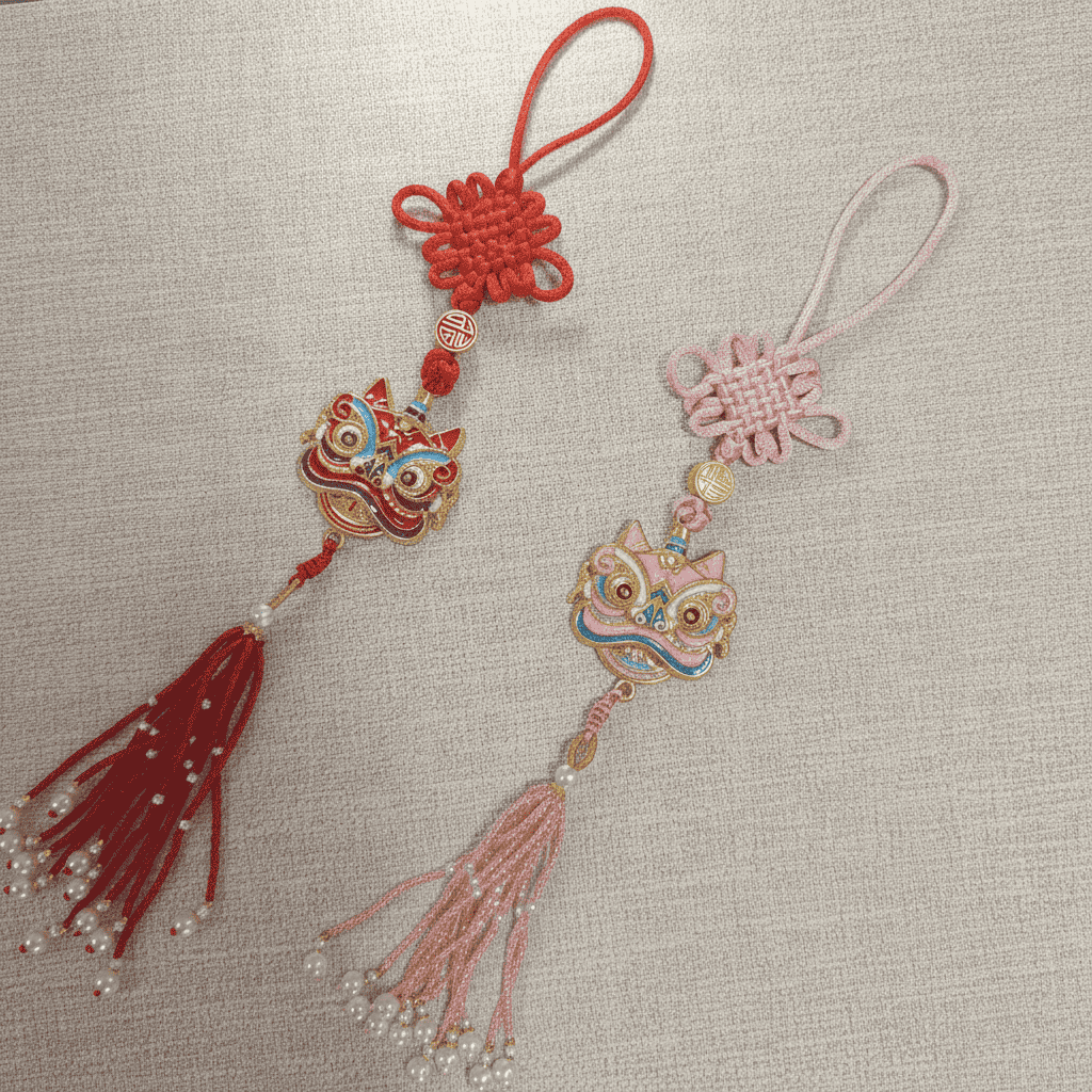 Palace-Inspired Lion Dance Car Hanging Ornament | Traditional Folk Art for Positive Energy & Good Fortune (Pink/Red) - Blissette