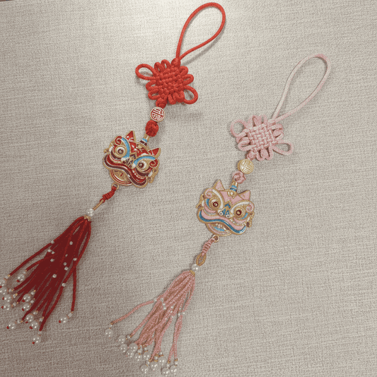 Palace-Inspired Lion Dance Car Hanging Ornament | Traditional Folk Art for Positive Energy & Good Fortune (Pink/Red) - Blissette