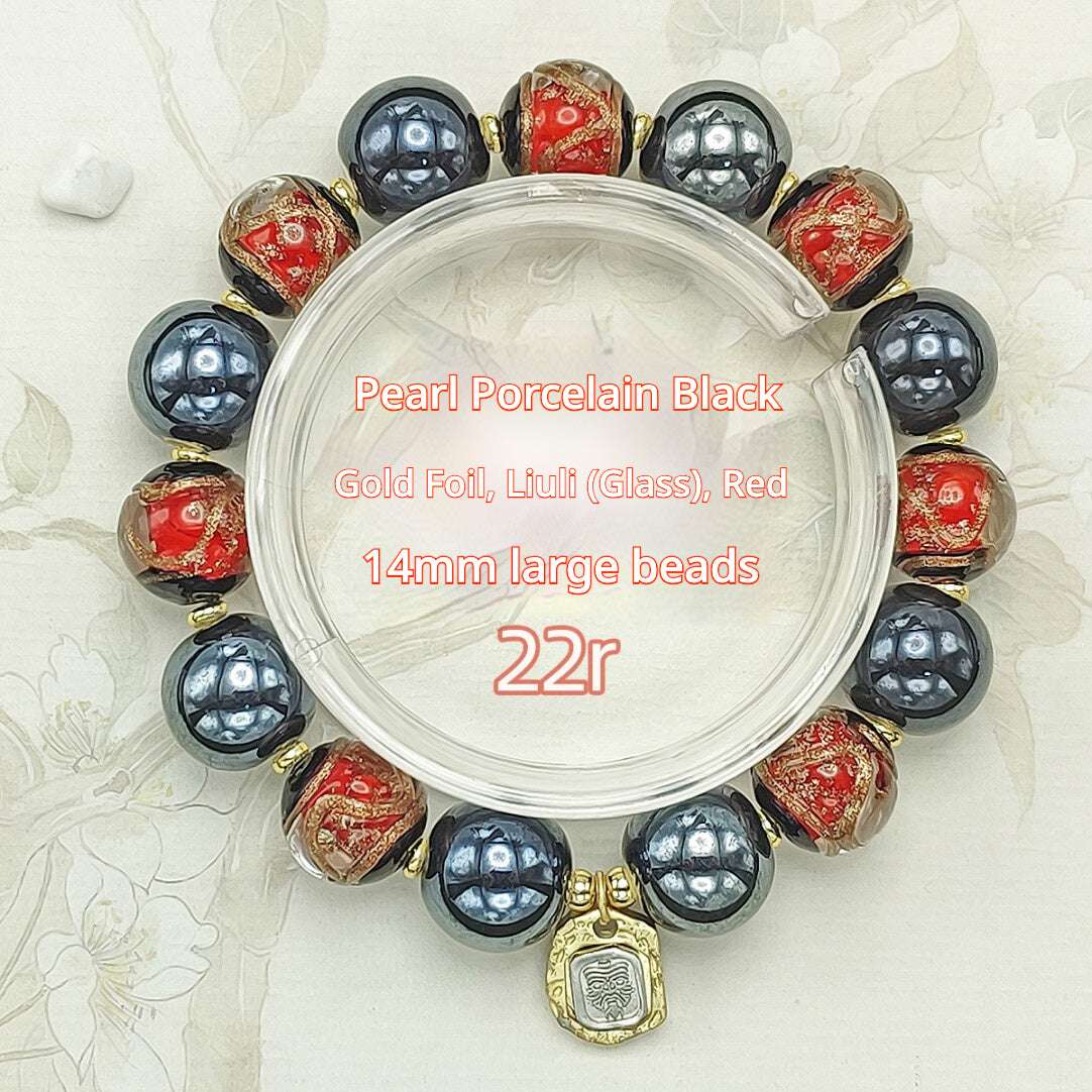Beijing Temple Style Bracelet | Gold Sand Iridescent Ceramic & Blue Gold Foil Glass | Matte Black Porcelain Beads | Unisex Minimalist Design - Blissette
