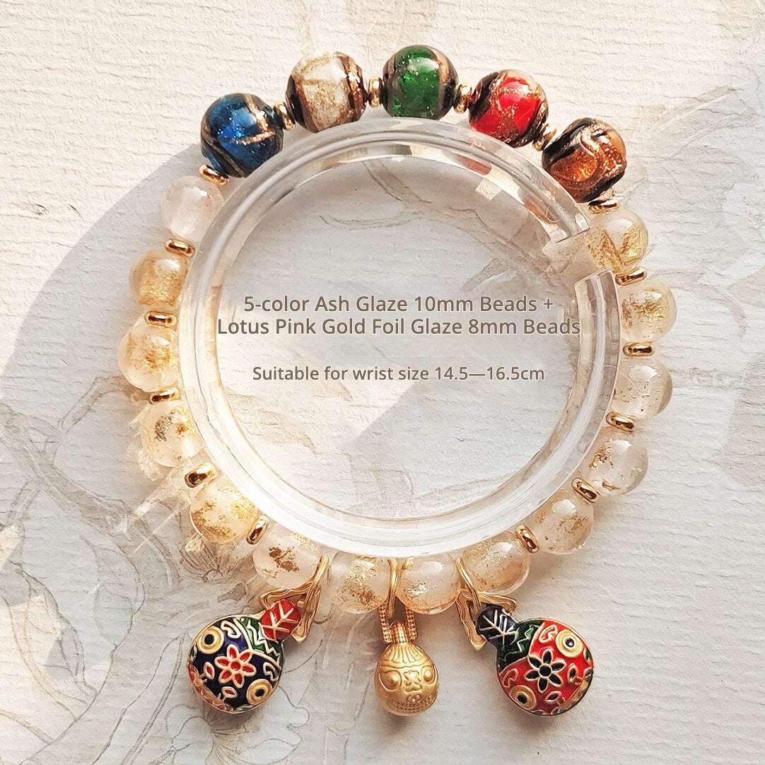 Beijing Temple Style Bracelet | Multi-Gem Gold Sand Glass & Amethyst | Five Blessings "Gold Swallowing Beast" | New Chinese Style - Blissette