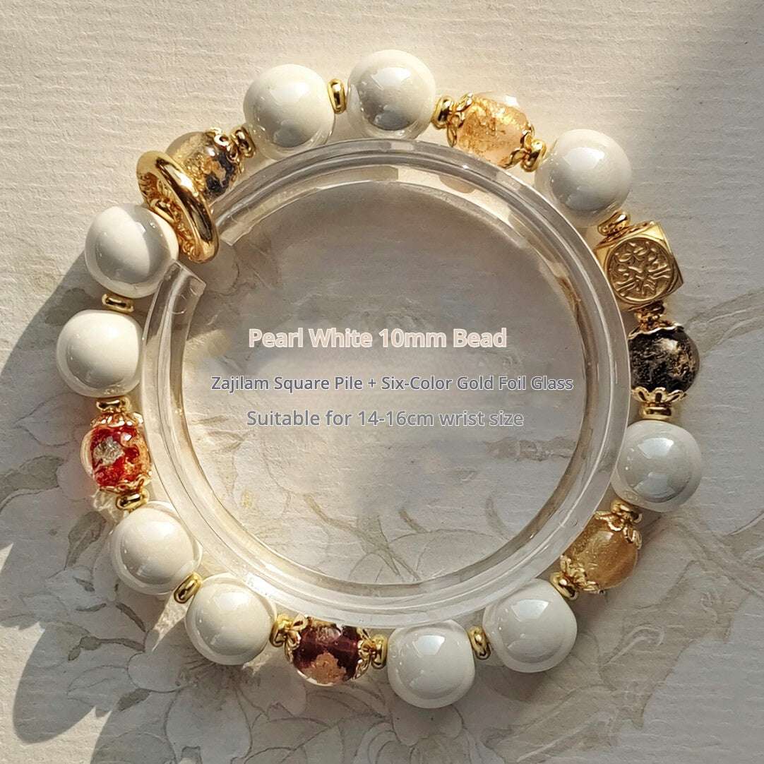 Panjiayuan Bracelet | Four-Color Gold Foil Glass & Light Blue Pearl Ceramic | Awakening Lion & Five Blessings Square Beads | New Chinese Style