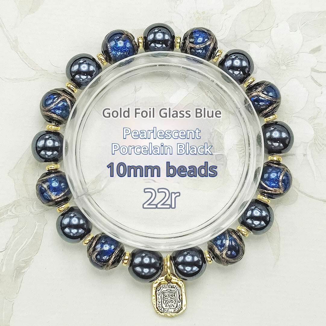 Beijing Temple Style Bracelet | Gold Sand Iridescent Ceramic & Blue Gold Foil Glass | Matte Black Porcelain Beads | Unisex Minimalist Design - Blissette