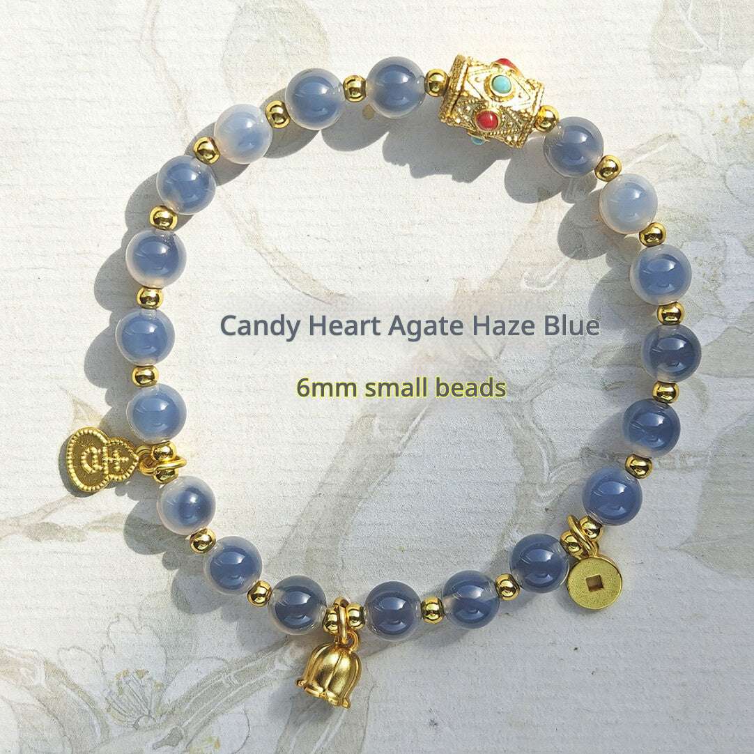 Sugar Heart Agate Bracelet | Half-Sugar Solid Color Small Beads | Beijing Temple Style | Exquisite Classic Design | 8mm Medium Beads, Blue - Blissette