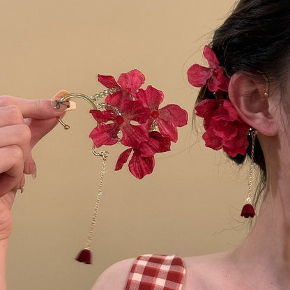 Rose Romance Vintage Red Flower Ear Cuffs, Non-Piercing Earrings, Bohemian Beach Vacation Photo Aesthetic Ear Jewelry