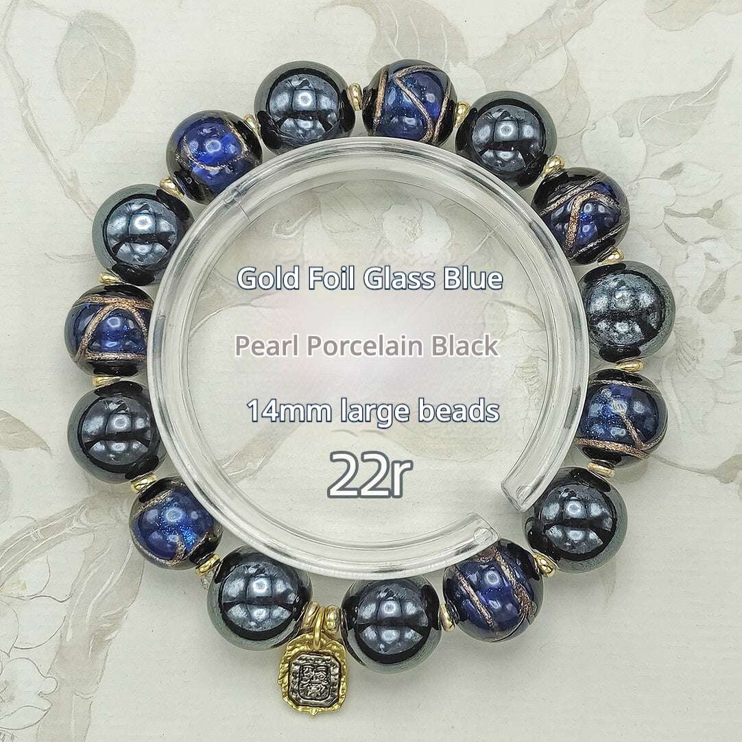 Beijing Temple Style Bracelet | Gold Sand Iridescent Ceramic & Blue Gold Foil Glass | Matte Black Porcelain Beads | Unisex Minimalist Design - Blissette