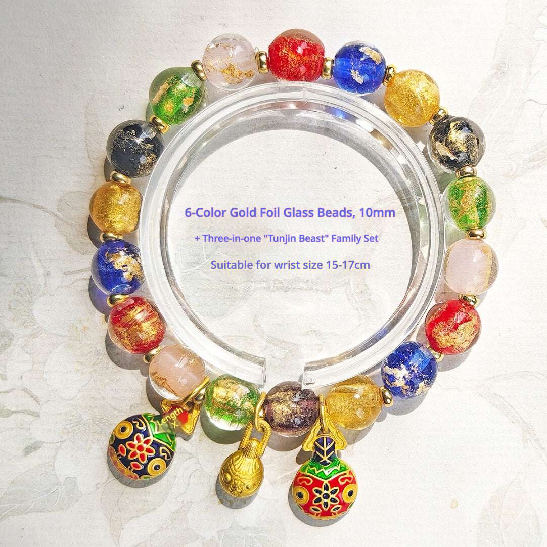 Beijing Temple Style Bracelet | Multi-Gem Gold Sand Glass & Amethyst | Five Blessings "Gold Swallowing Beast" | New Chinese Style - Blissette