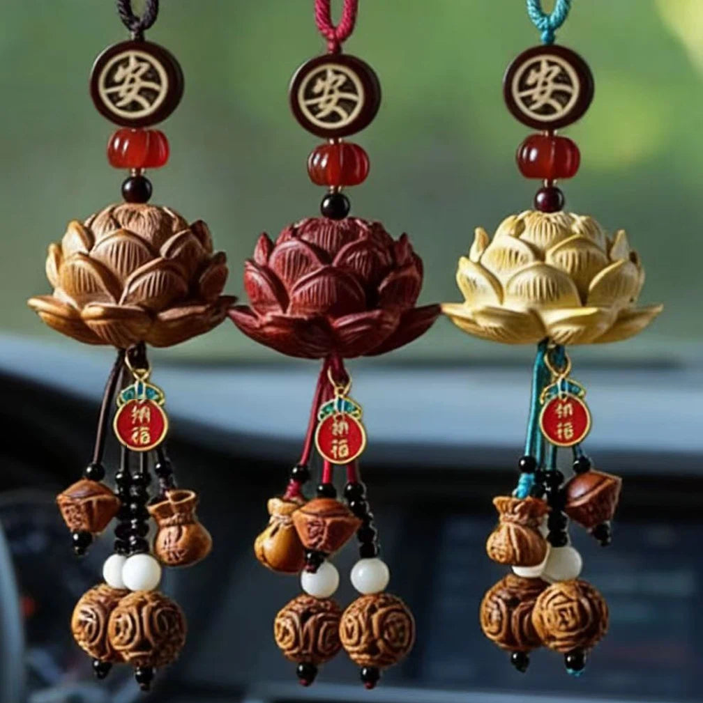 Blood Sandalwood Lotus Good Luck Car Hanging Ornament Chinese Blessing Mirror Pendant