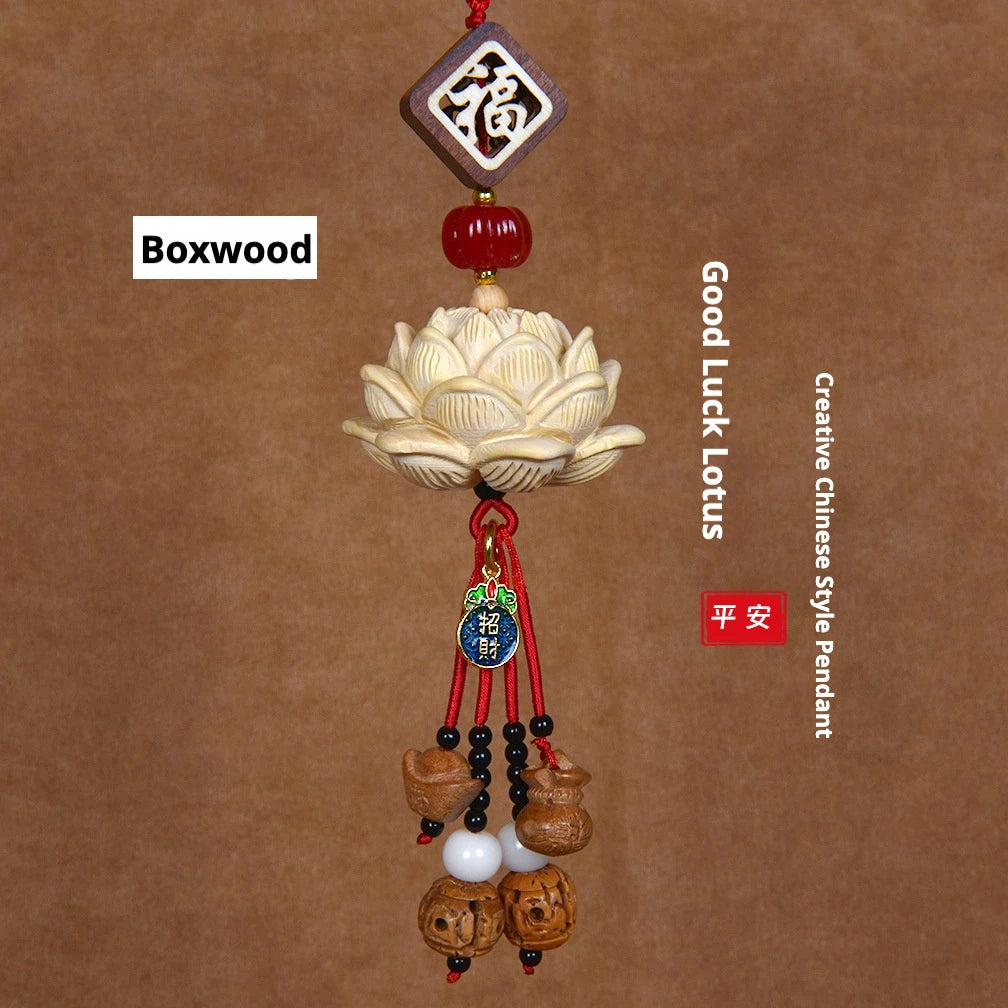 Blood Sandalwood Lotus Good Luck Car Hanging Ornament Chinese Blessing Mirror Pendant