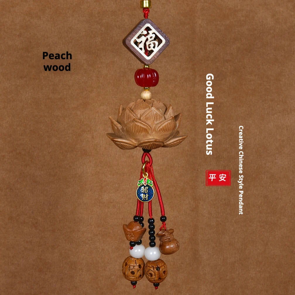 Blood Sandalwood Lotus Good Luck Car Hanging Ornament Chinese Blessing Mirror Pendant
