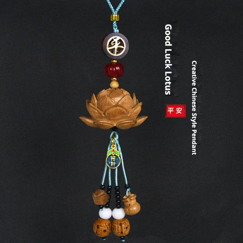 Blood Sandalwood Lotus Good Luck Car Hanging Ornament Chinese Blessing Mirror Pendant