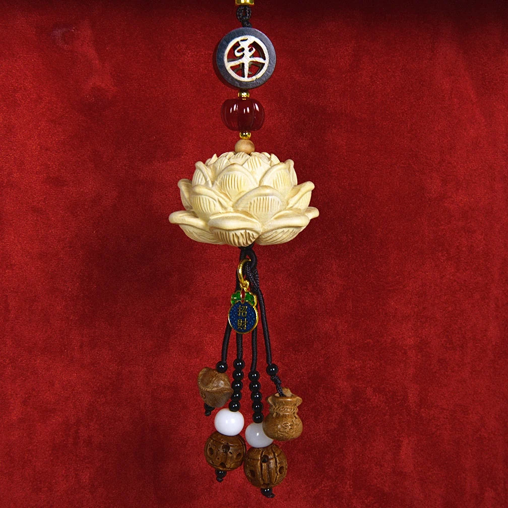 Blood Sandalwood Lotus Good Luck Car Hanging Ornament Chinese Blessing Mirror Pendant