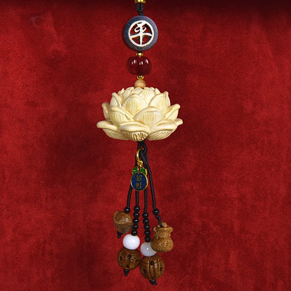 Blood Sandalwood Lotus Good Luck Car Hanging Ornament Chinese Blessing Mirror Pendant