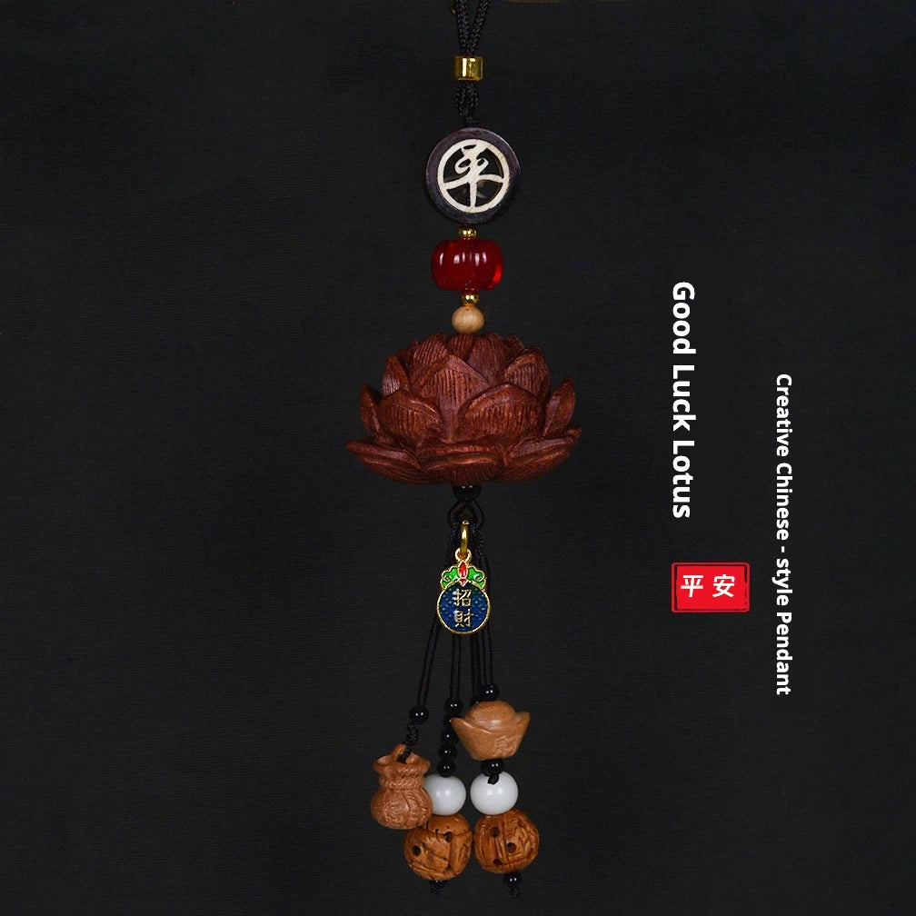 Blood Sandalwood Lotus Good Luck Car Hanging Ornament Chinese Blessing Mirror Pendant