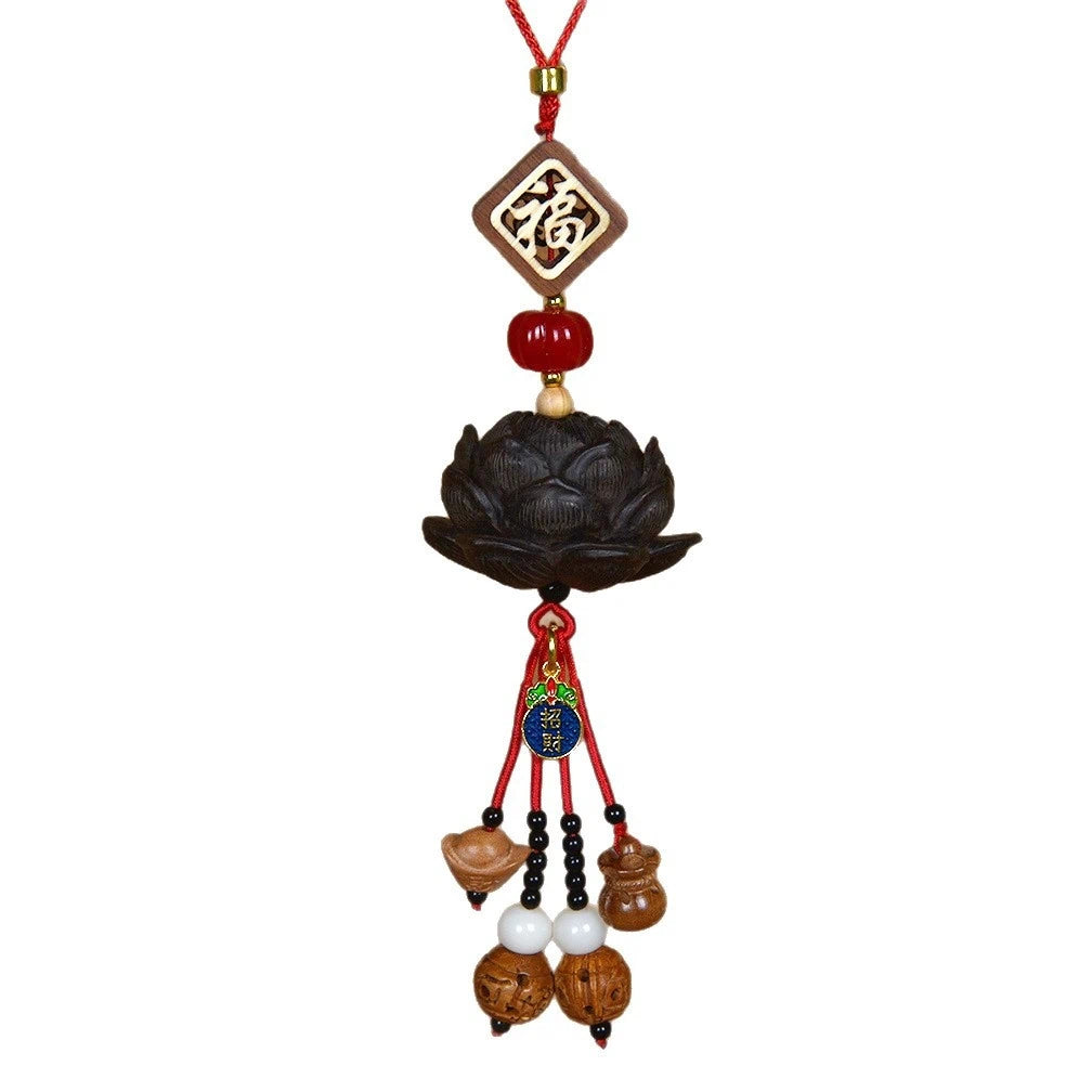Blood Sandalwood Lotus Good Luck Car Hanging Ornament Chinese Blessing Mirror Pendant
